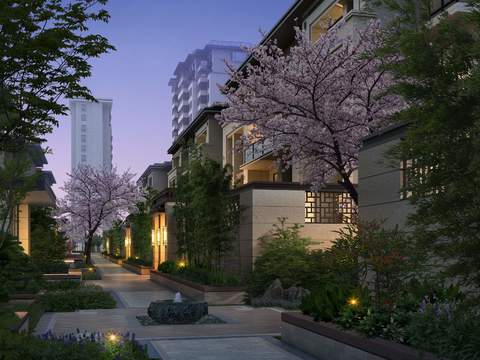  现代小区公园园林夜景psd 