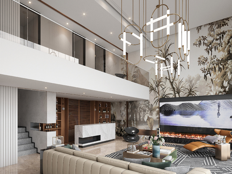  现代轻奢别墅大堂3d模型 