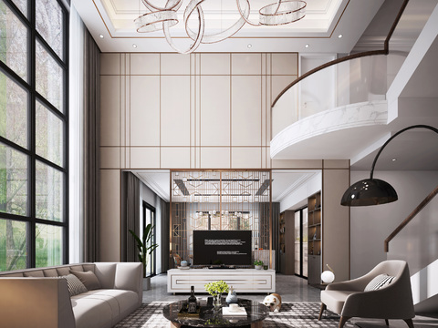  现代别墅客厅餐厅3D模型 