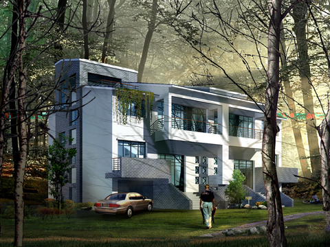  现代独栋别墅外观psd 