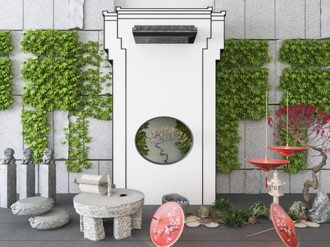  新中式马头墙石台植物园艺小品3d模型 
