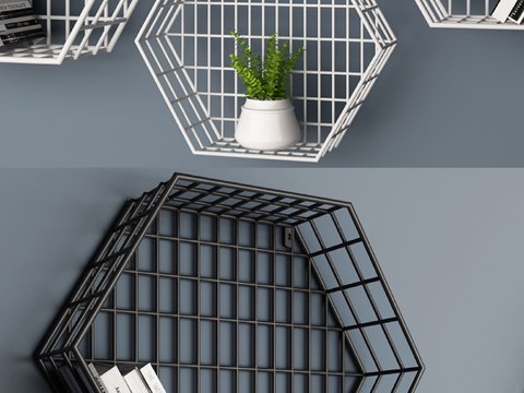  北欧简约六边形铁艺壁架3d模型下载 现代家居装饰金属架带白色花盆 