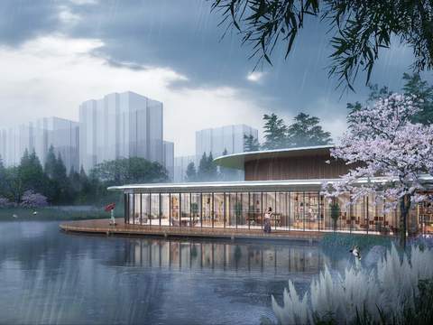  现代海边办公建筑外观景观psd 