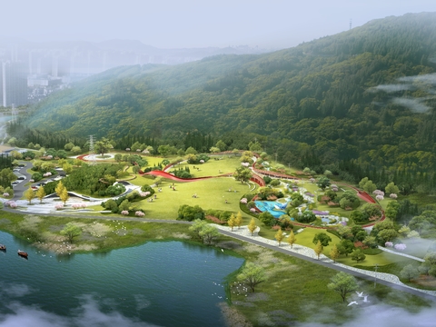  现代湖边亲子公园鸟瞰psd 