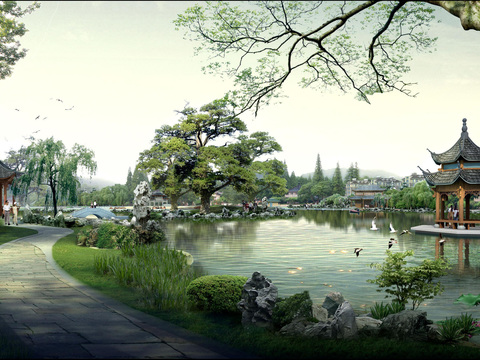  中式公园湖边凉亭psd 