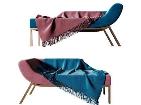  现代贵妃躺椅3d模型下载 粉色蓝色拼接设计 北欧风休闲沙发 带流苏毯子卧室家具 