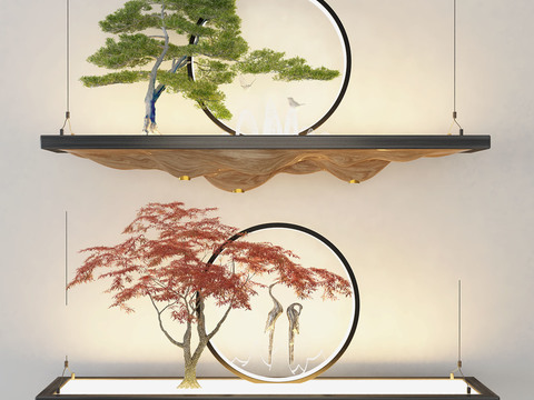  新中式现代艺术吊灯3d模型下载 双层盆景玻璃装饰 自然宁静家居景观 