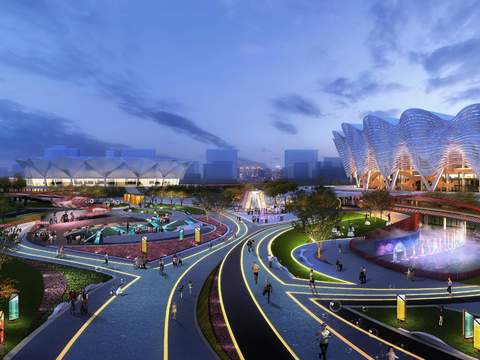  现代广场公园夜景景观psd 