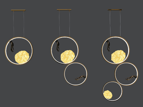  新中式禅意佛手吊灯组合3d模型下载 金色球体LED装饰灯 现代圆形金属框架艺术灯 
