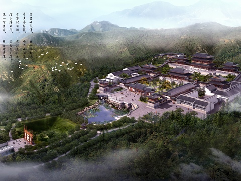  中式古建寺庙鸟瞰psd 