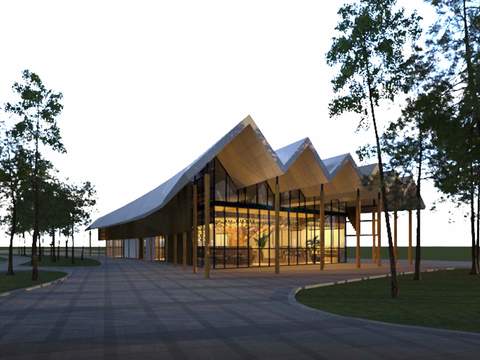  新中式公园建筑外观psd 