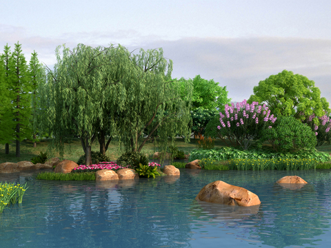  现代湖泊湿地公园3d模型 