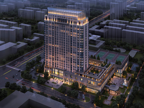  现代酒店外观鸟瞰夜景psd 