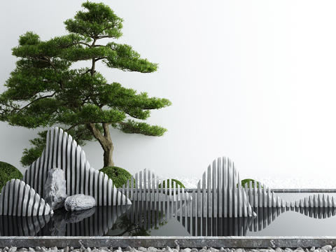  新中式松树山石水景小品3d模型 