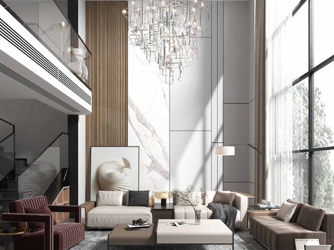  现代挑高别墅客厅3d模型 