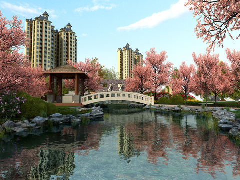  现代住宅小区园林景观3d模型 