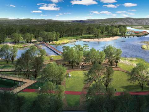  现代湿地园林景观鸟瞰psd 