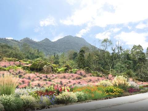  现代山间花卉园林景观psd 