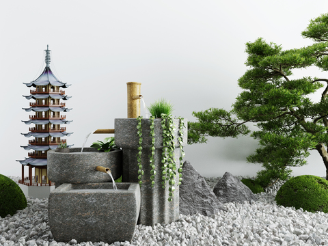 新中式宝塔流水景观小品3d模型 