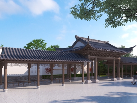  中式长廊 廊架3d模型 