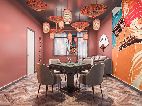  国潮风棋牌室 麻将室3d模型 