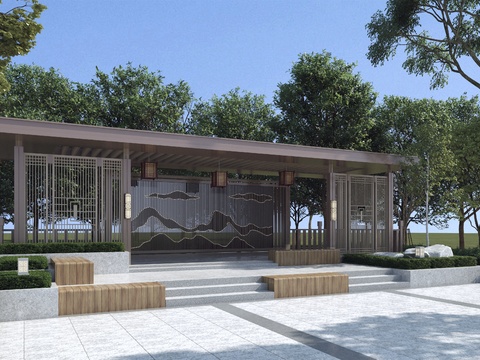  新中式廊架 景观长廊3d模型 