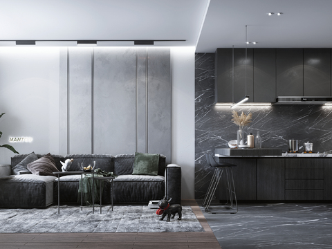  现代公寓客厅厨房3d模型 