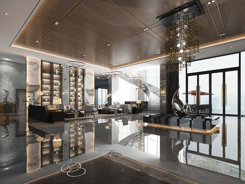  新中式酒店大堂吧3d模型 