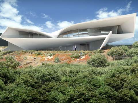  现代山间异形办公楼外观psd 