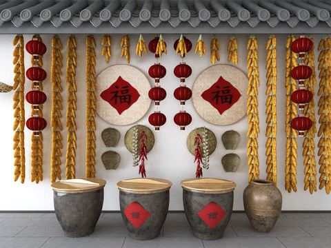  新中式农家玉米水缸景观小品3d模型 