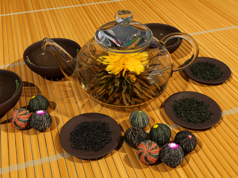  现代茶具茶壶茶叶3d模型 