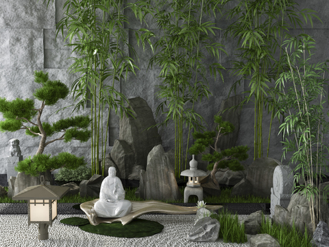  中式枯山水假山绿植景观小品3d模型 