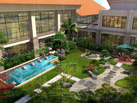  现代别墅庭院花园景观psd 