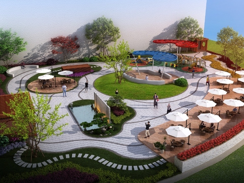  现代室外广场景观鸟瞰3d模型 