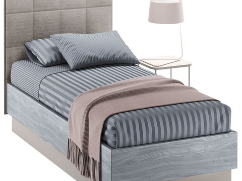  现代布艺单人床3d模型下载 灰色条纹床品卧室家具 简约装饰设计 