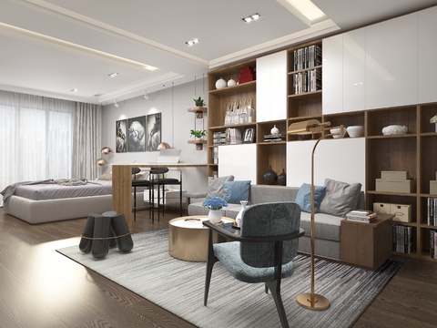  现代公寓客厅卧室3D模型 