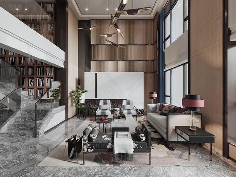  新中式轻奢别墅大堂3d模型 