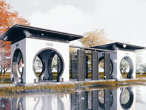  新中式月洞门景观亭3d模型 