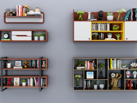  现代吊柜书架设计3d模型下载 家居装饰置物架组合 多功能力储物柜书柜展示 