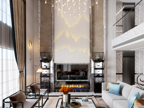  新中式轻奢别墅大堂餐厅3d模型 