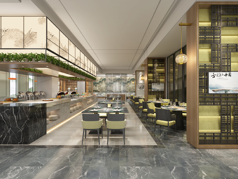  新中式自助餐餐廳3d模型 
