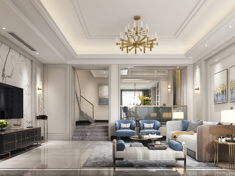  现代轻奢别墅客厅餐厅3d模型 