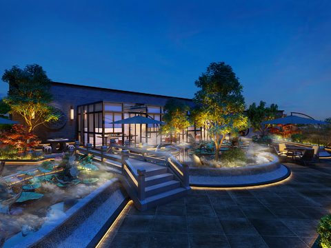  新中式露天花园夜景3d模型 