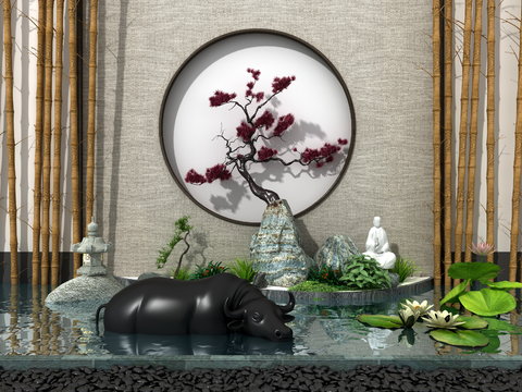  中式荷花池假山园艺小品3d模型 