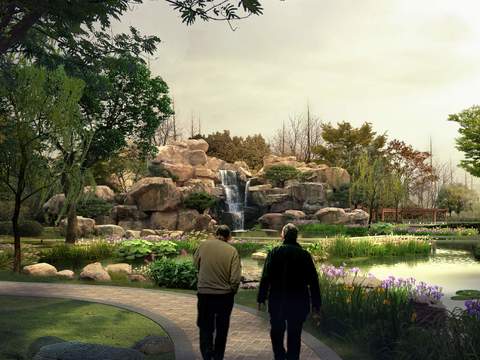  现代湿地公园假石流水psd 