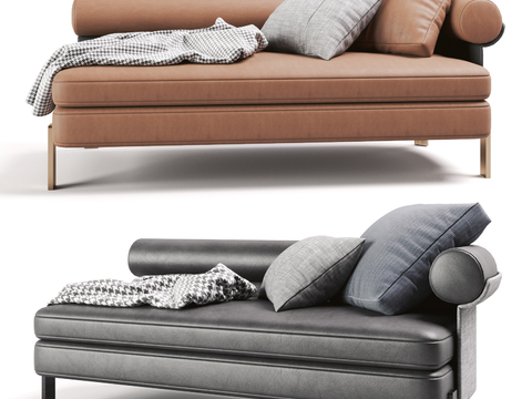  现代真皮贵妃榻沙发双色客厅软装3d模型下载 金属腿简约设计带靠垫毯子 