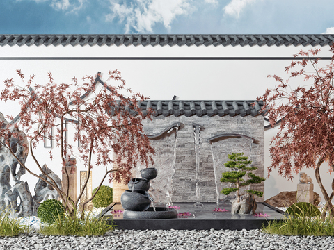  新中式假山流水景观小品3d模型 