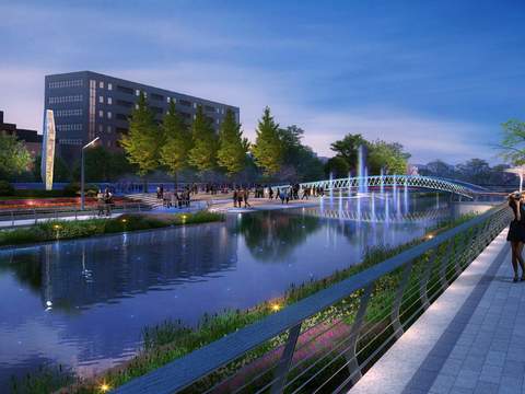  现代河道夜景景观psd 