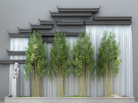  新中式竹子流水墙面景观小品3d模型 