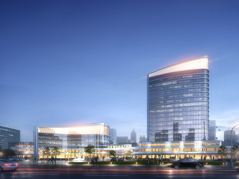  现代办公楼建筑外观夜景psd 